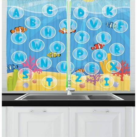 Bubble Panel - Kid's Activity Curtains 2 Panels Set, Letters of the Alphabet in Bubbles under the Sea Educational Illustration, Window Drapes for Living Room Bedroom, 55W X 39L Inches, Multicolor, by Ambesonne