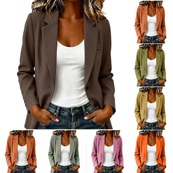 AKOEE Business Casual Outfits Women Long Sleeve Blazer Suit Jacket with Pockets Notched Collar Work Office Wear (2XL, Brown)
