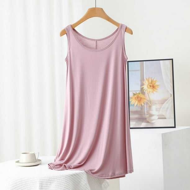 Camisón largo para mujer, informal y moderno, de color liso, con cuello redondo, manga corta y almohadilla para el pecho.
