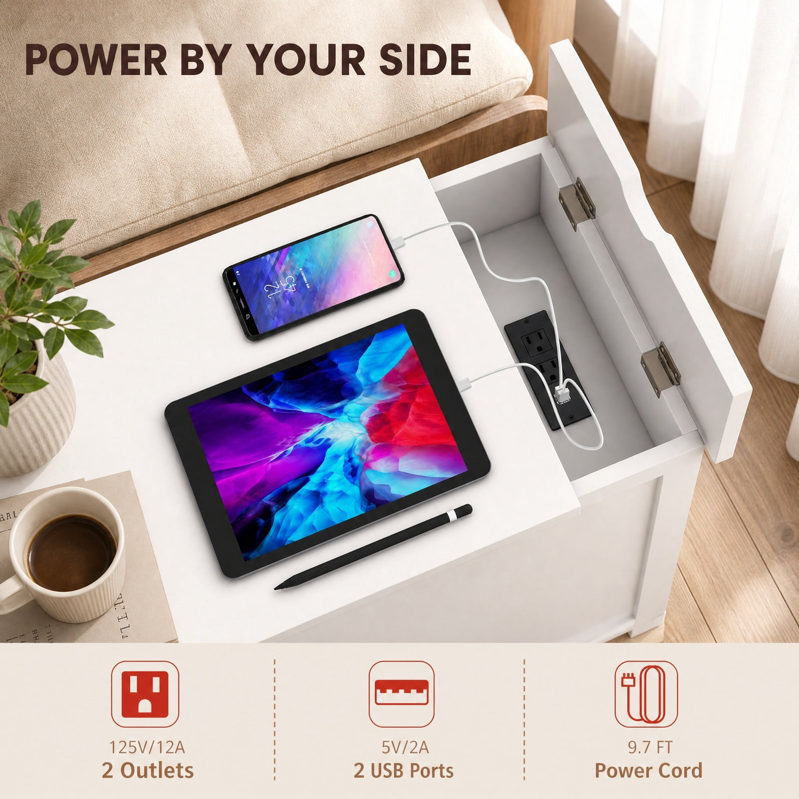 Furnibear End Table with Charging Station Flip Top and Drawer Cabinet Magazine Holder for Living Room Bedroom Sofa Side Narrow Spaces, White