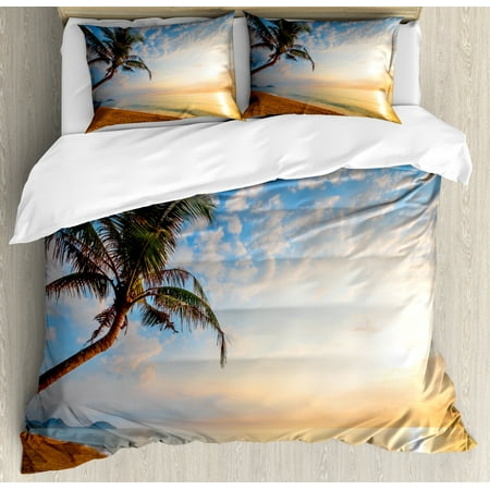 Hawaii Duvet Cover Set King Size, Calm Landscape Photo of Exotic Palm Trees on Sandy Beach Steady Sea Cumulus Clouds, 3 Piece Bedding Set with 2 Pillow Shams, Multicolor, by (Best Cloud Solution For Photos)