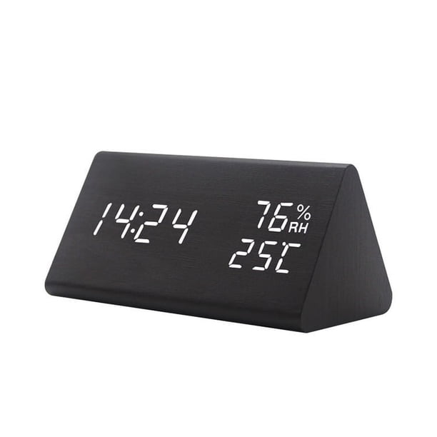Reloj despertador de madera, reloj digital LED inteligente para dormitorio/escritorio, actualizado con temperatura de tiempo, brillo ajustable y voz