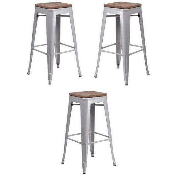 Home Square 30" Backless Metal Bar Stool in Silver and Wood Grain - Set of 3