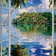 thumbnail image 5 of Creowell  Tropical Shower Curtain, Rippling Sea Palms and Exotic Village Scene Through Open Window, Cloth Fabric Bathroom Decor Set with Hooks,  Green and Sea Blue White, 5 of 7
