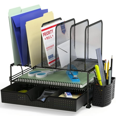 SimpleHouseware Mesh Desk Organizer with Sliding Drawer, Double Tray and 5 Upright Sections, Black
