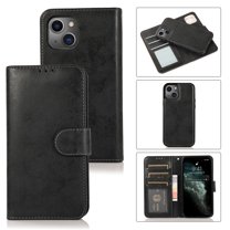Nalacover Wallet Case for iPhone 14, Vintage Retro PU Leather Soft Silicone Shockproof Magnetic Flip Folio Cover with Kickstand Card Slots Holder Wrist Strap Shockproof Case for iPhone 14, Black