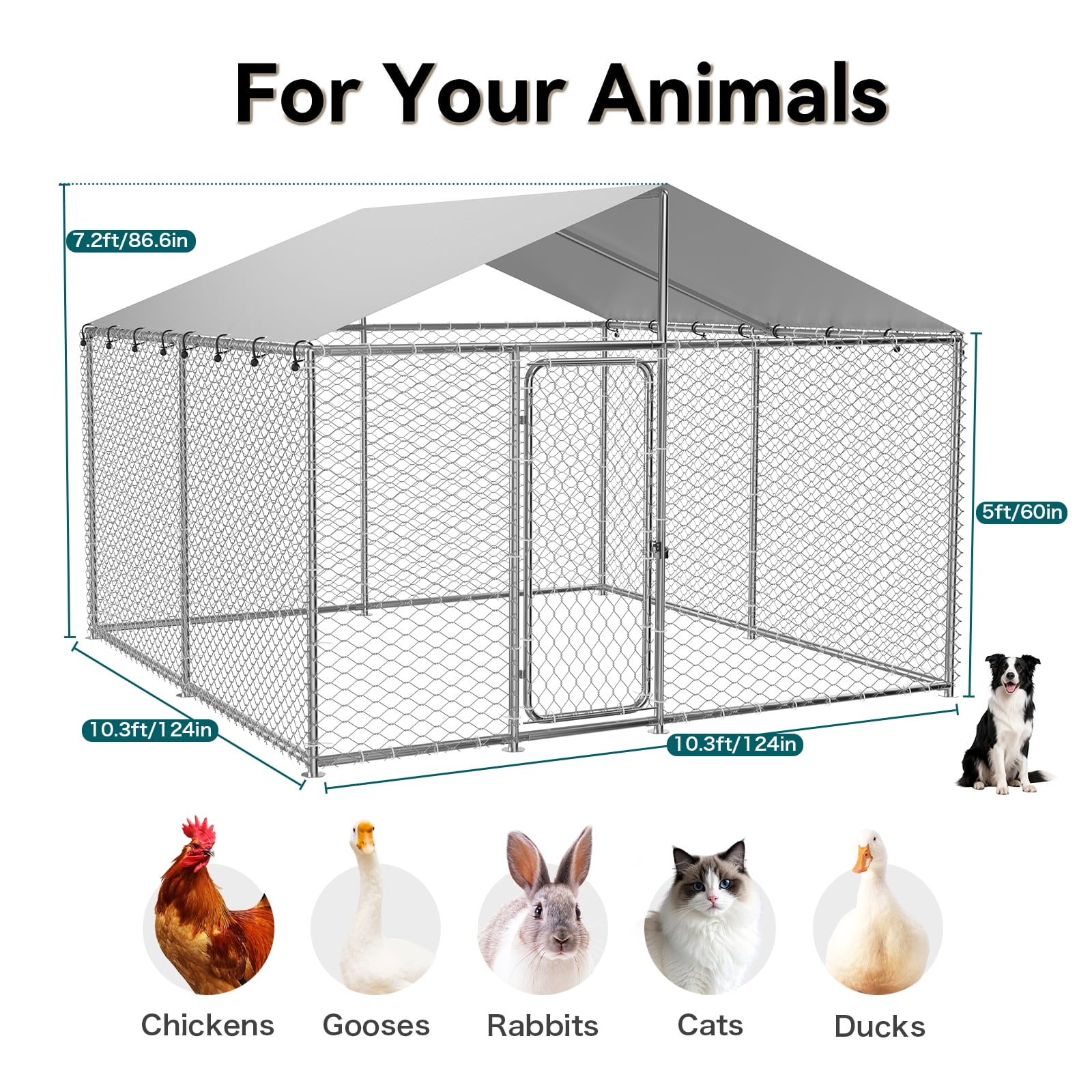 YOKWOK 10x10ft Outdoor Dog Kennel Outside with Metal Large Dog Gate, Outdoor Dog Pens with Roof, Heavy Duty Dog Kennel for Backyard Farm Use