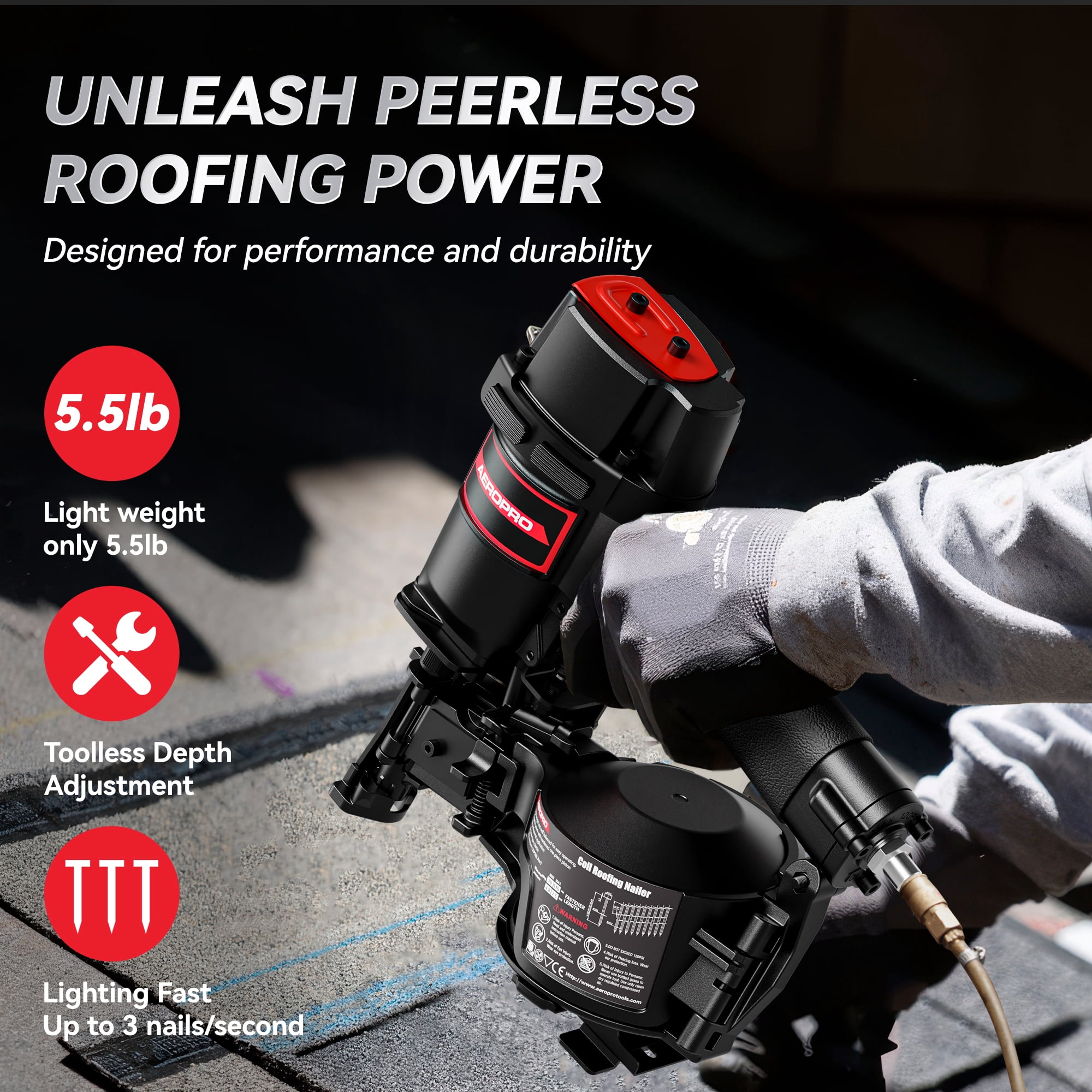 AeroPro CN45N Professional Roofing Nail Gun, Air-Powered, Compatible with 15° Wire Coil Nails from 3/4" to 1-3/4", for Asphalt Roofing Projects