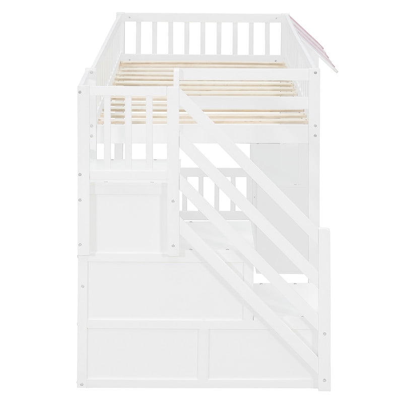 Twin Size Playhouse Kids Loft Bed with Eaves Design, Wood Child Bed Frame with Storage Staircase, LED Light & Under Bed Cabinets