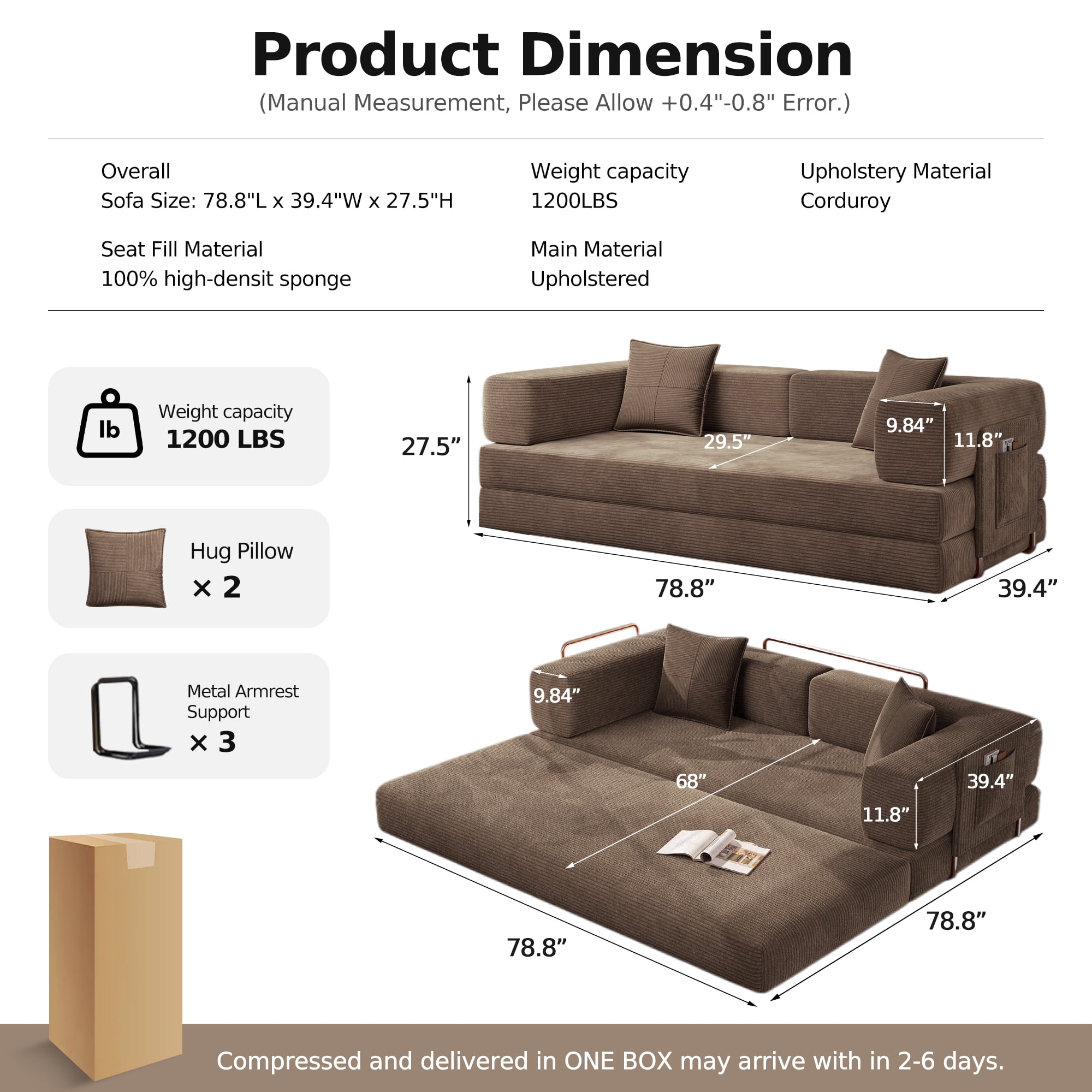 DILORA Convertible Sleeper Sofa Bed,Compressed Floor Boneless Couch,Modular Modern Corduroy Sofa for Living Room Bedroom,Easy Assembly(Brown)78.8''