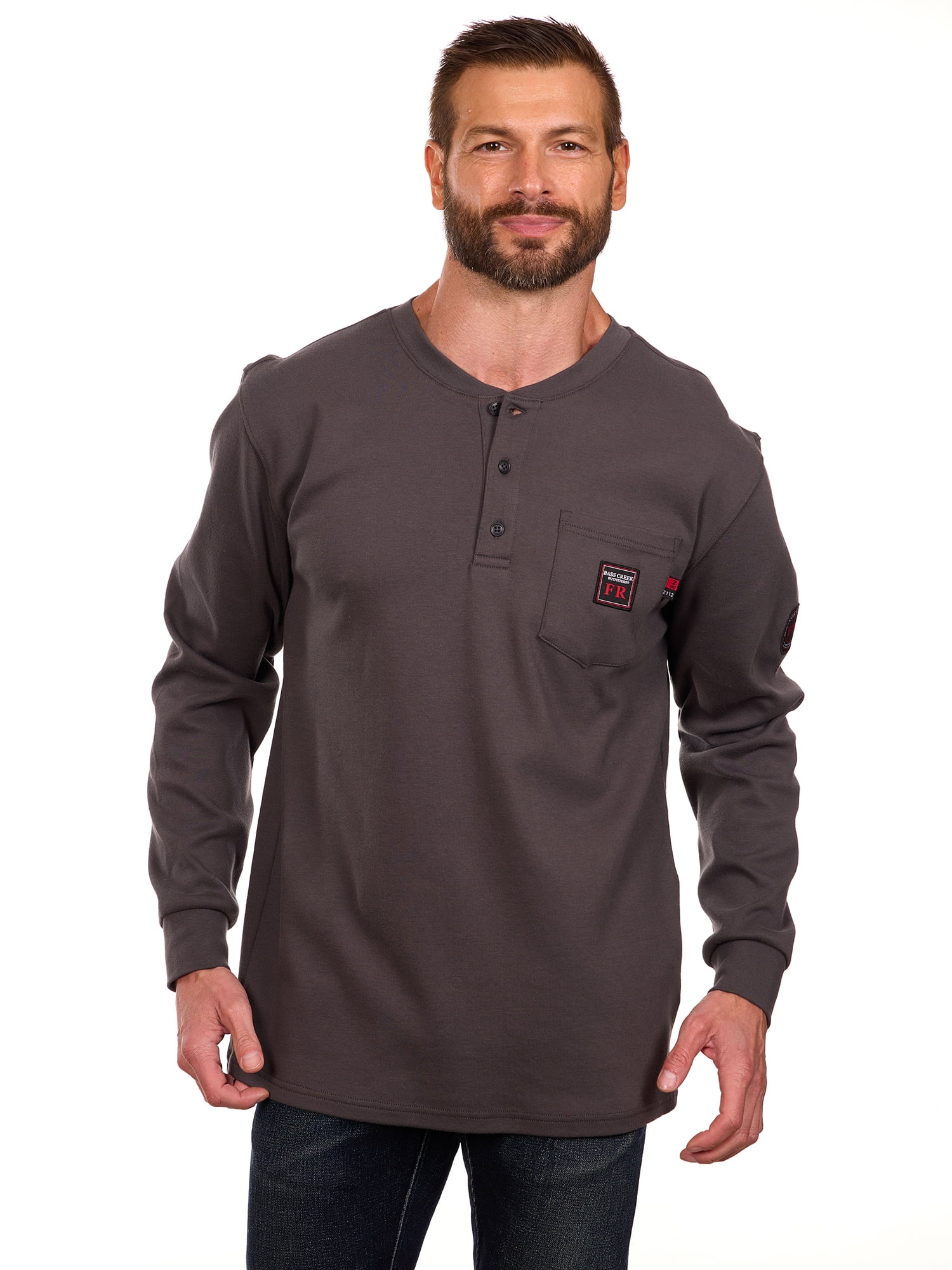 Bass Creek Outfitters Men's Flame Resistant Long Sleeve Henley Knit Top, Sizes M-2XL