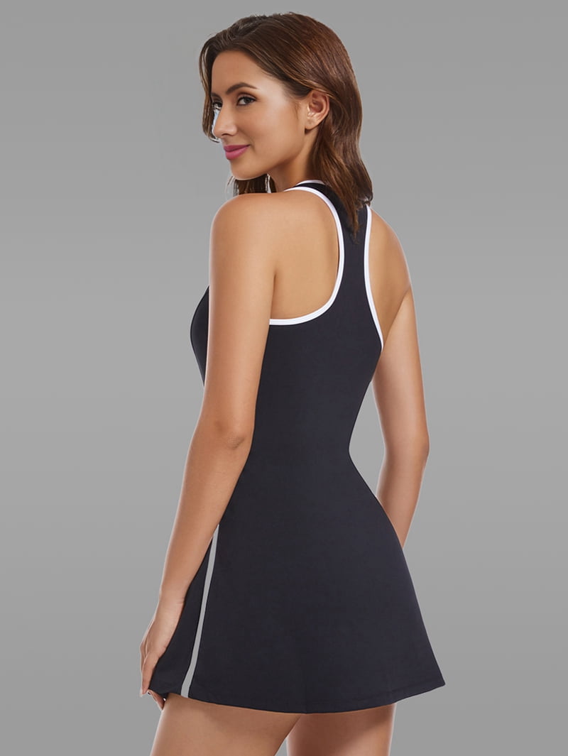 Tennis Dresses for Women with Shorts Pockets and Bra V Neck Racerback Golf Outfits Black S