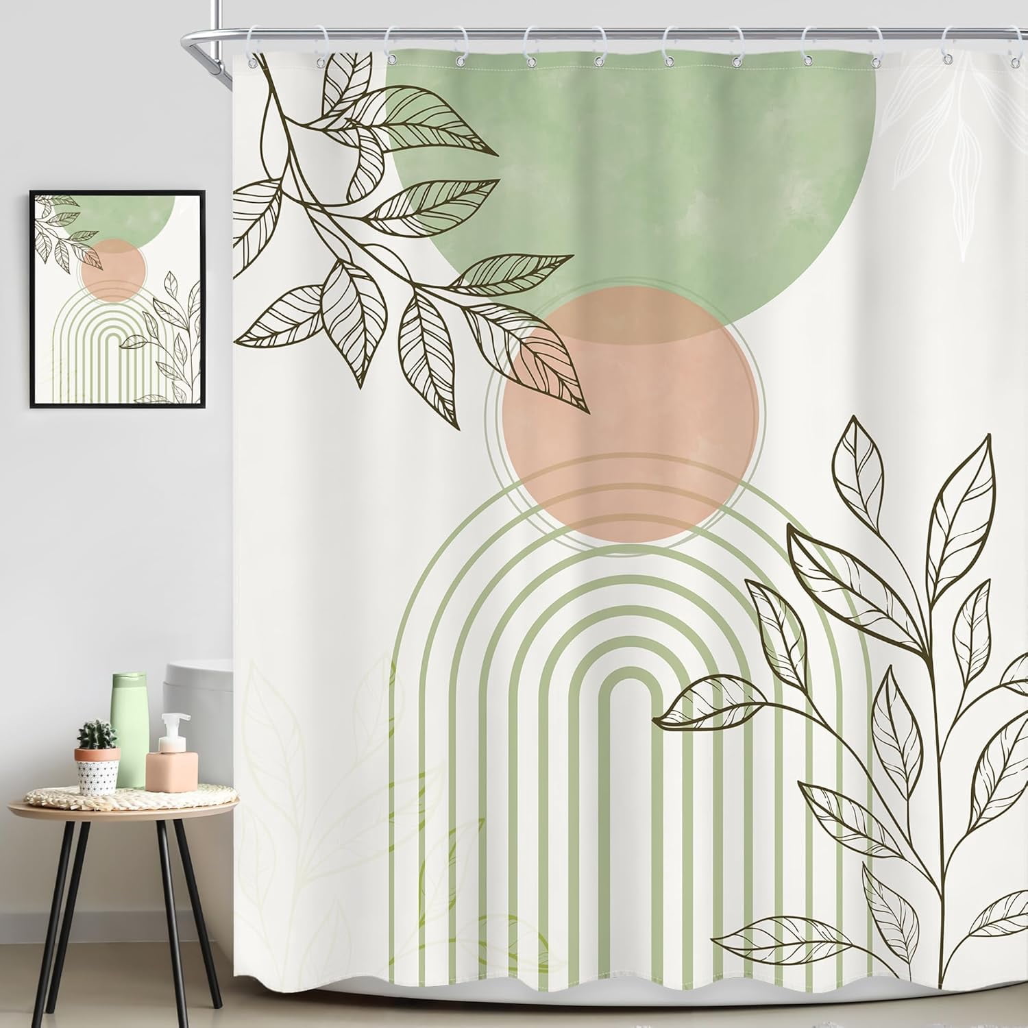 Sage Green Boho Shower Curtain 72Wx72L Inch Mid Century Modern Abstract Leaves Minimalist Geometric Arch Sun Shower Curtain Bathroom Set Plant Bath Curtain Bathtub Accessories Home Decor