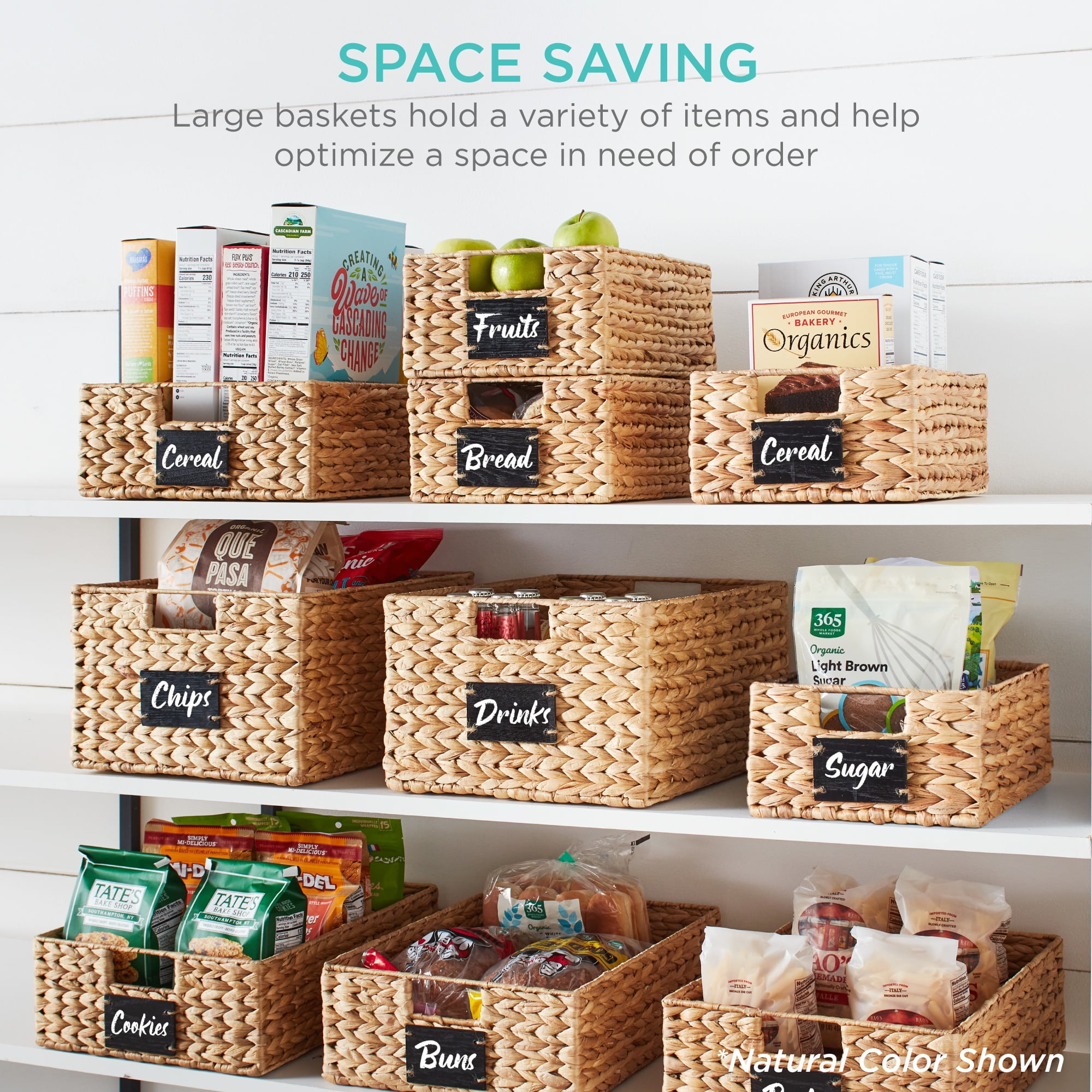 Best Choice Products Set of 2 16in Woven Water Hyacinth Pantry Baskets w/ Chalkboard Label, Chalk Marker - Black