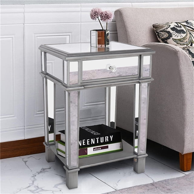 Wisfor 2 Tier Luxury Silver Mirrored Side Table Nightstand with Drawer Sofa Side Bedside
