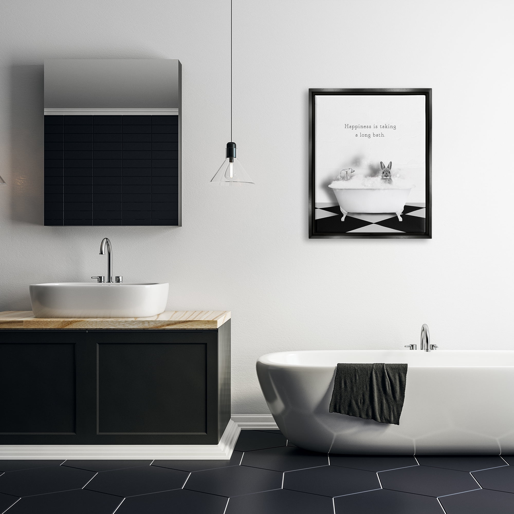 Stupell Industries Happiness is Long Bath Bunny Animals & Insects Painting Black Floater Framed Canvas Art Print Wall Art, 25 x 31