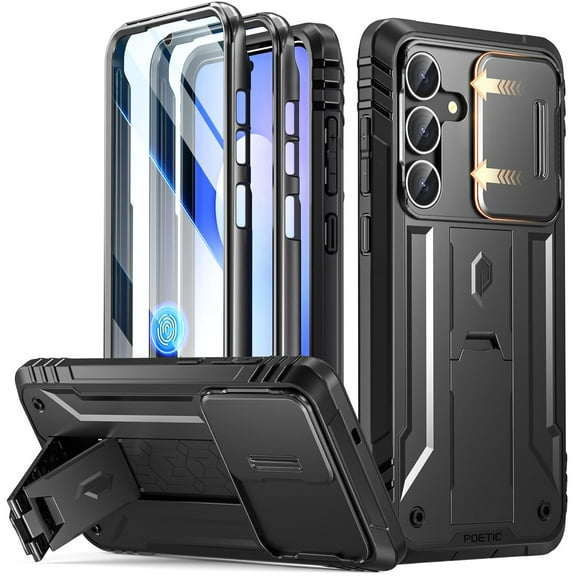 Poetic Revolution Case for Galaxy S25 FE 5G 2025, [Slide Camera Cover], Built-in Screen Protector Work with Fingerprint ID, Full Body Military Grade Rugged Shockproof Cover Case with Kickstand, Black