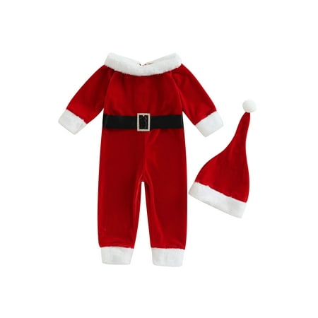 

xingqing 0-4Y Christmas Toddler Baby Girl Boy Santa Claus Jumpsuit Long Sleeve Patchwork Romper with Hat for Cosplay Red 6-12 Months