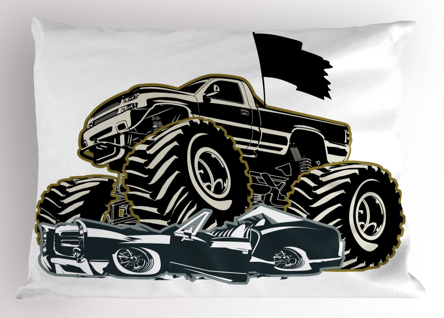 Monster Truck Pillow Sham Rubber Tyre Car Flattening A Vintage
