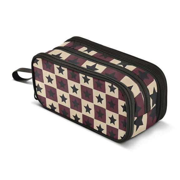 FORMRS Pencil Case with 3 Compartments Zipper Pouch, Elementary School Level and up, Checkered Stars Pattern