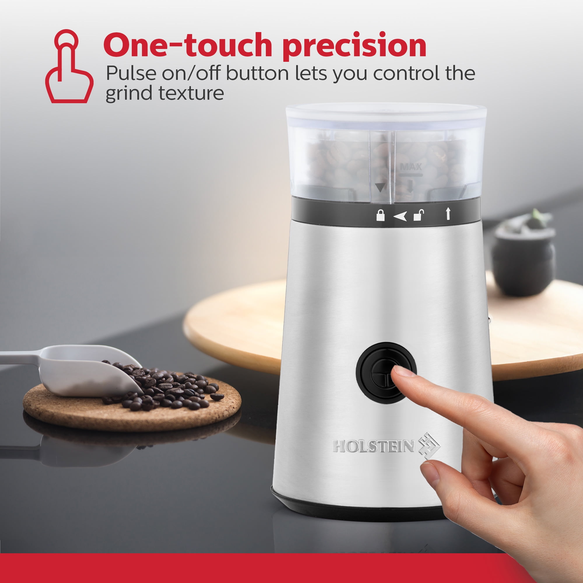 Holstein Housewares Electric Coffee Grinder Featuring a 2.1oz Capacity, Stainless Steel Blades, 150-Watt Motor for Coffee Beans, Nuts, Herbs, Grains, and Spices pulse Function