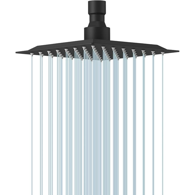 SDES-6 Inch Rain Shower Head, 6" Square Rainfall & High Pressure Stainless Steel Bath Showerhead, 1/16" Ultra Thin, Waterfall Full Body Coverage with Silicone Nozzle, Matte Black Finish