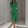 thumbnail image 2 of Womens Crew Neck Long Sleeve Spring Fall Dresses,Women's Fashion Fashion Solid Color Round Neck Waist Split Metal Buttons Dresses Green, 2 of 3