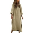 thumbnail image 2 of Ovzne Robes pour Femmes Robe Femme Couleur Unie à Manches Longues à Rabat Bouton Bouton Irrégulier Poche Longue Robe Robe de Vacances à Manches Longues Robes Longues Imprimées Liquidation, 2 of 6