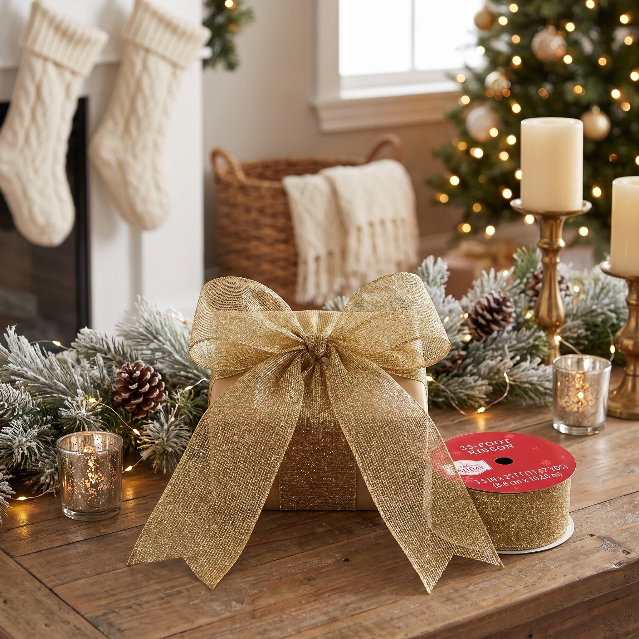 Gold Glitter Christmas Ribbon, 3.5" x 35', by Holiday Time