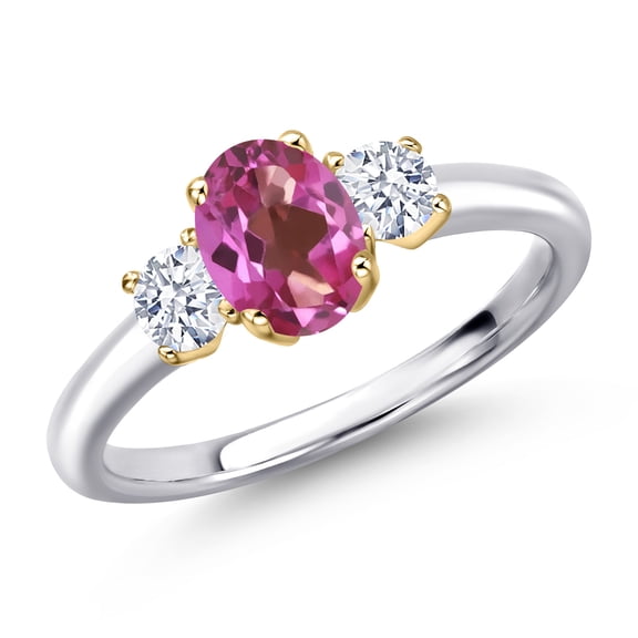 Gem Stone King 10K Two Tone Gold Pink Mystic Topaz and White Zirconia Engagement Ring for Women | 1.45 Cttw | Oval 7X5MM | Gemstone November Birthstone | Size 9