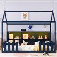 thumbnail image 2 of Twin Size House Bed with LED Light, Wood House Bed with Storage Bookshelf, Floor House Bed with Guardrails , Farmhouse Bed  for Kids and Teens , No Box Spring Needed, Navy Blue, 2 of 7