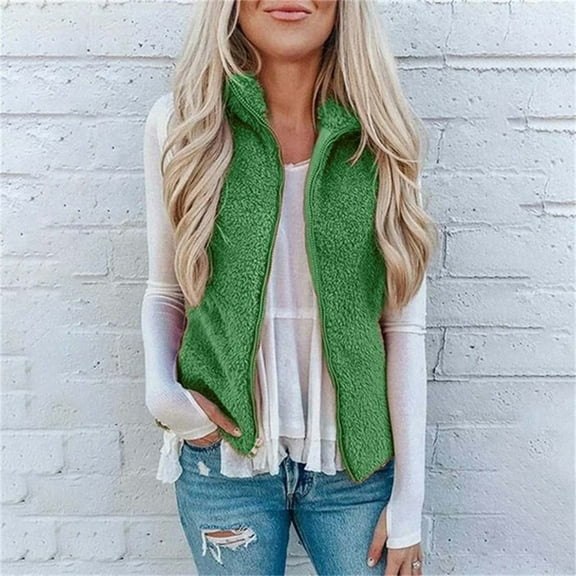 MRULIC coat for women Women Pocket Zipper Solid Color Jacket Plush Sleeveless Lapel Vest Loose Coat Women's Fleece Jackets Coats Green L