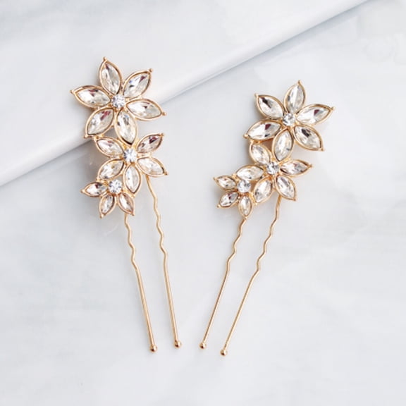 Luxshiny Crystal Flower Hair Pins Golden Elegant Bridal Accessories 2Pcs