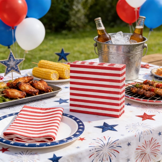Servilletas de papel con la bandera estadounidense | Paquete de 12 desechables para fiestas | Diseño con estrellas, rayas y rojo, blanco y azul | Servilletas de cóctel grandes de 33 x 33 cm para el