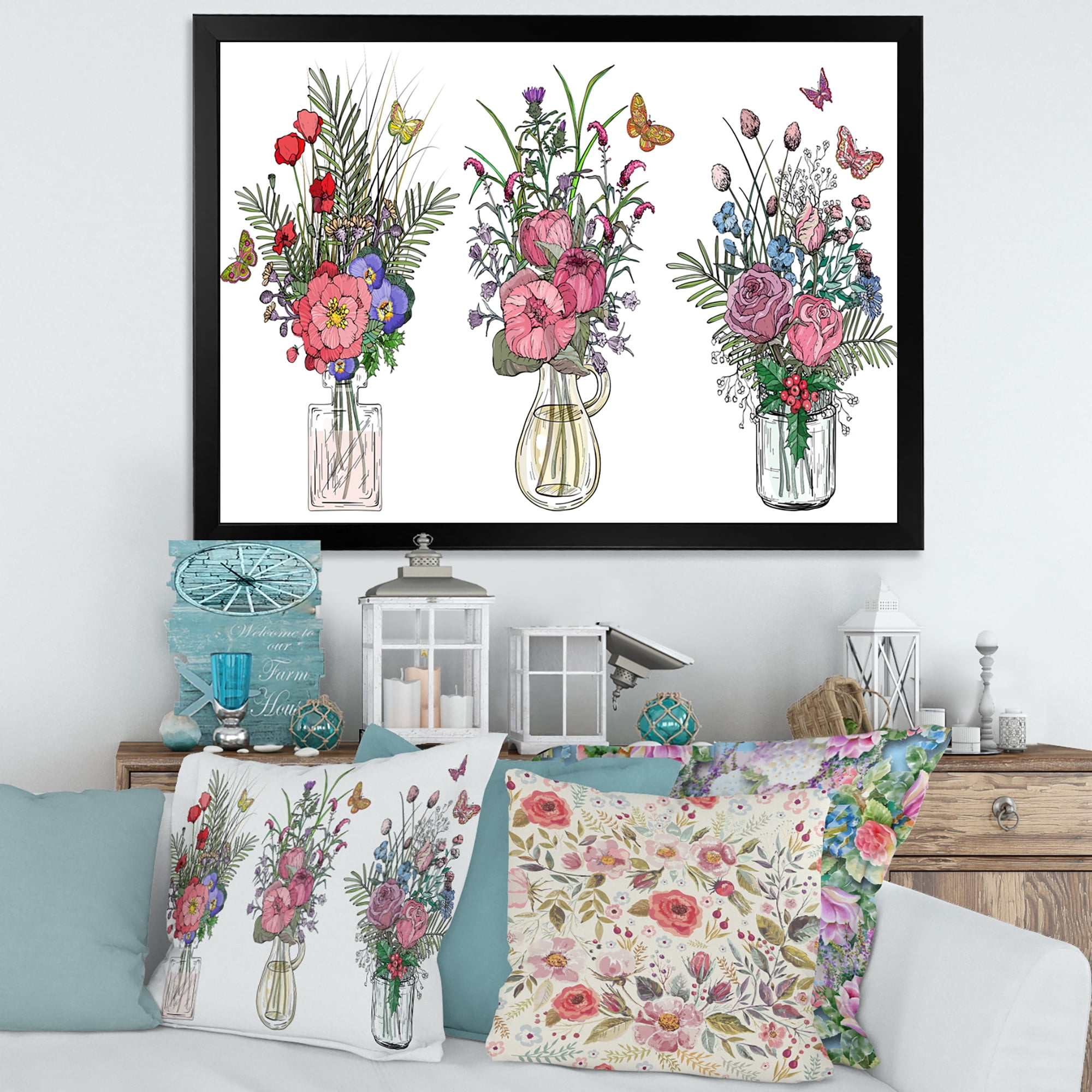 Designart 'Transparent Vases With Bouquets of Wildflowers II' Farmhouse Framed Art Print