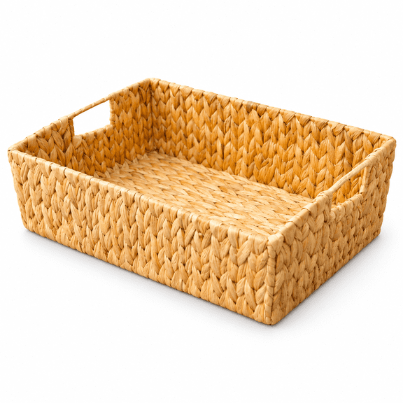 Large Rectangular Water Hyacinth Wicker Storage Basket with Handles, Natural Rectangular Woven Organizer, Handwoven Perfect for Space-Saving Shelves and Room Organizing