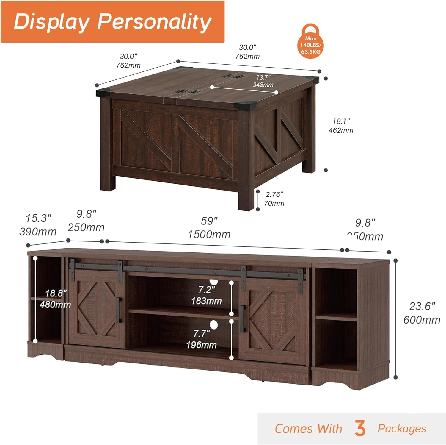 WAMPAT Farmhouse 85 inch TV Stand and Coffee Table Set of 2, Entertainment Center for TVs Up to 85", 30 inch Square Wood Coffee Table with Gas Spring Flip-Top for Living Room,Rustic Brown