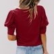 thumbnail image 3 of Camisa de manga corta con burbujas para mujer, cuello redondo, color puro, cierre de botones, puños, camisa holgada y plisada con mangas abullonadas, Top para verano, rojo vino XXL, 3 of 5