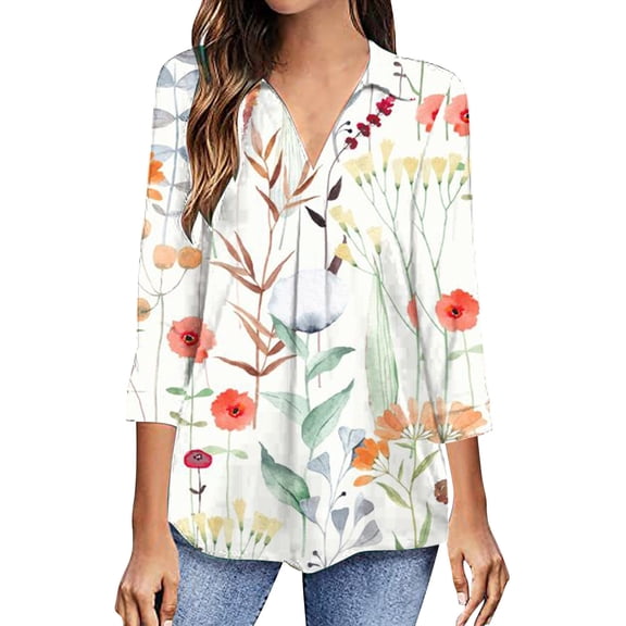 2026 ! JINMGG Fall Long Sleeve Shirts for Women, Womens Summer Fall Tops 2026 Fashion Woman V Neck Three Quarter 3/4Sleeve T Shirt Autumn Printing Blouse Tops Sweatshirt