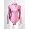 thumbnail image 4 of MSemis Women Metallic Liquid Ballet Leotard Gymnastics Bodysuit Long Sleeve Mock Neck Unitard Tops Pink L, 4 of 6