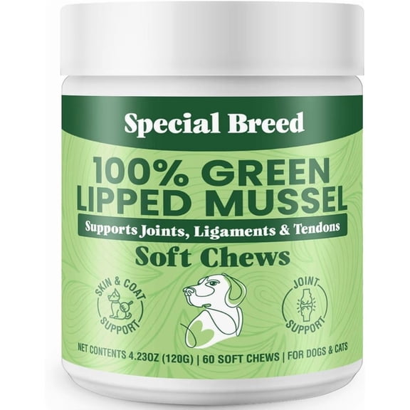 Green Lipped Mussel for Dogs & Cats - 60 Soft Chews - New Zealand Green Lipped Mussels - Natural Hip & Joint Supplement for Joints, Tendons, Ligaments, Muscles