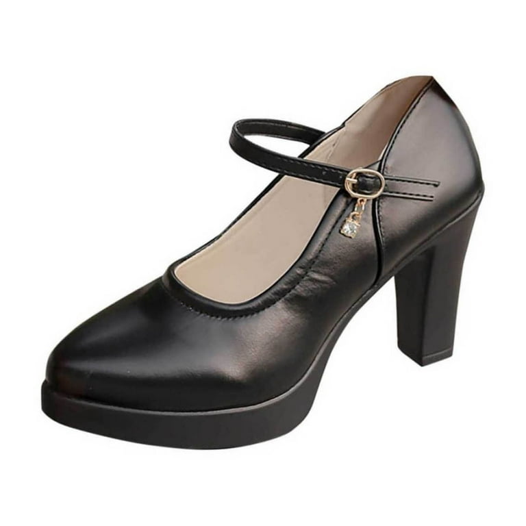 Hoshose Womens Chunky Heel Pumps Buckle Design PU Round Toe Slip-Resistant Dress Shoes for Office/Party Casual Wear
