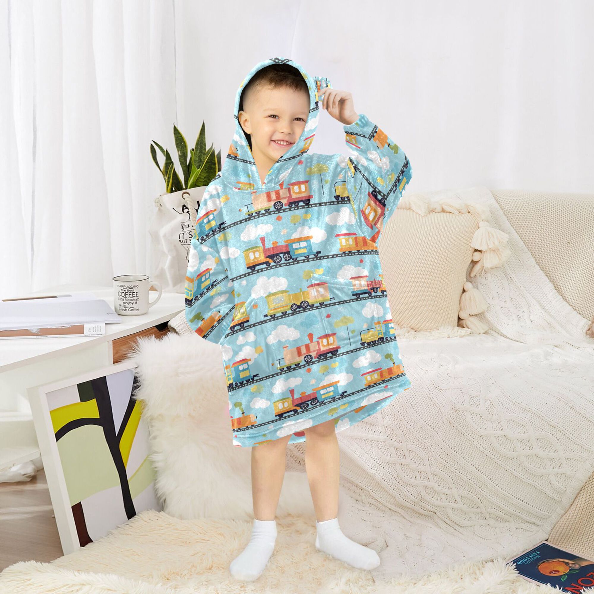FORMRS Wearable Blanket Hoodie with Sleeves for Kids Cozy Flannel Sweatshirt, Cartoon Train Pattern
