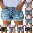 thumbnail image 3 of qucoqpe Distressed Jean Shorts for Women, Womens Summer Ripped Pocket Straight Leg High Waist Fringe Hem Denim Shorts, 3 of 5