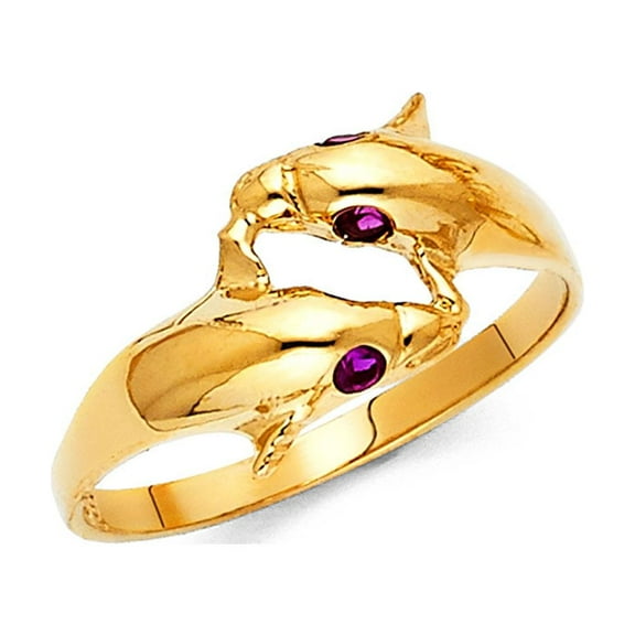 Dolphin Ring Solid 14k Yellow Gold Two Dolphins Band Curve Purple CZ Good Luck Charm Polished, Size 7