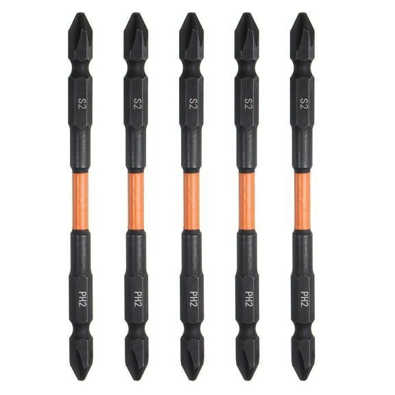 Uxcell 5pcs Impact Tough Phillips Screwdriver Power Bits 6.35mm PH2 1/4" Hex Shank 4.33" Length S2 Steel Magnetic Double Ended Cross Head Hex Bits Industrial Grade Impact Driver Bit