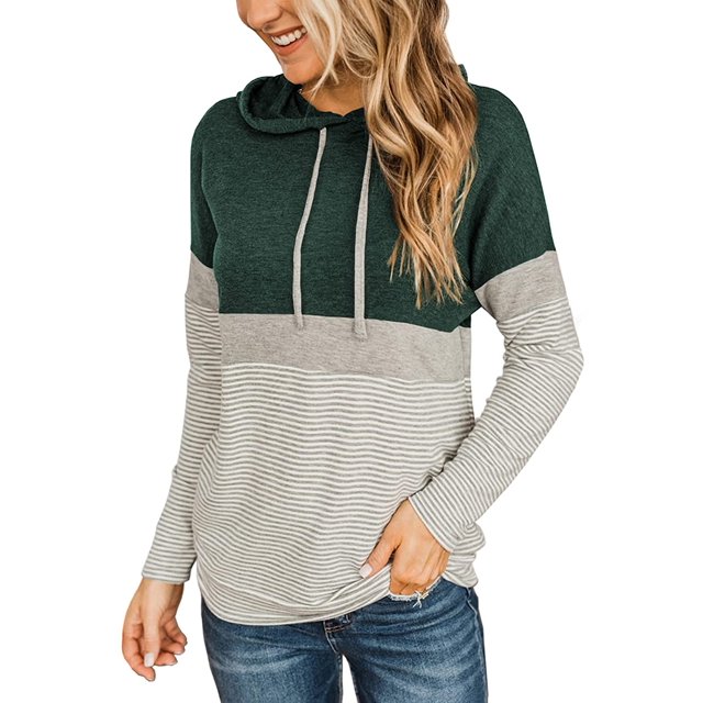 Women's Color Block Hoodies Fall Long Sleeve Sweatshirt Casual Drawstring Pullover Tops Striped Tunic Shirts