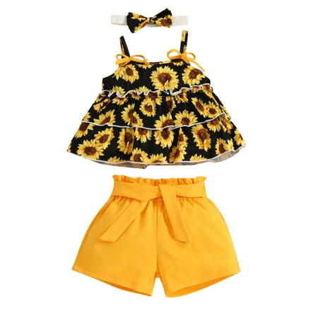 

One opening 3 Pcs Baby Girls Summer Clothes Suits Sunflower Print Ruffles Sling Tank Tops and Solid Color Shorts with Belt Bow Headband Sets