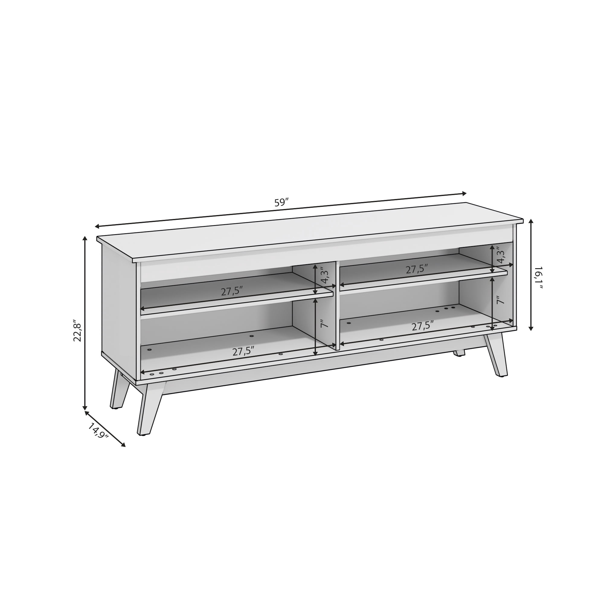 Kappesberg Bergen White 59" W TV Stand, Modern Entertainment Center with Open Storage Shelves, Media Console for Living Room for Adults and Teens