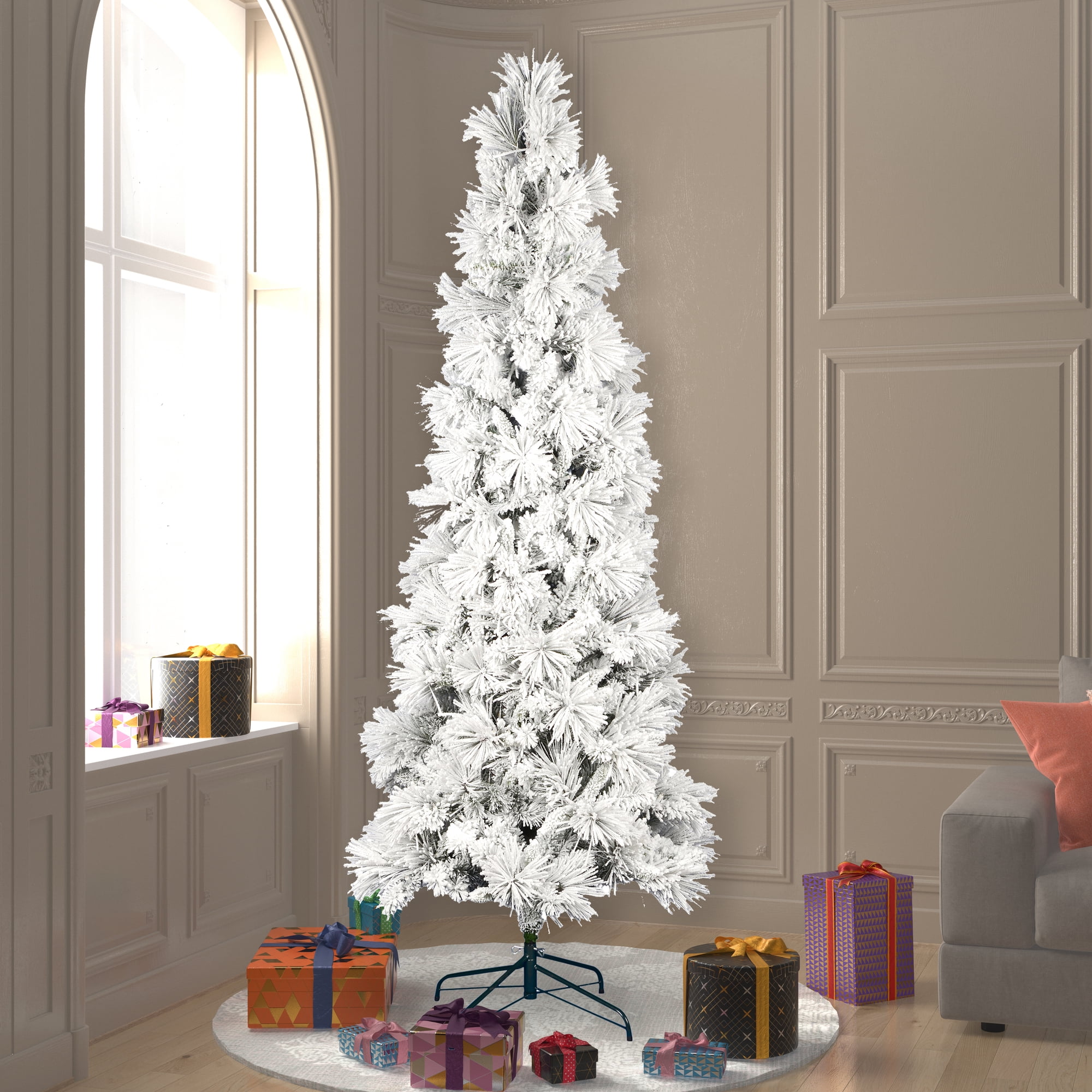 Vickerman 7.5' x 37" Unlit Flocked Atka Pine Pencil Artificial Christmas tree